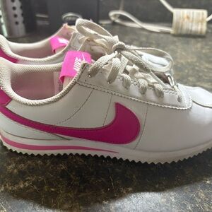 Nike White and Pink Cortez Sneakers Size 2Y